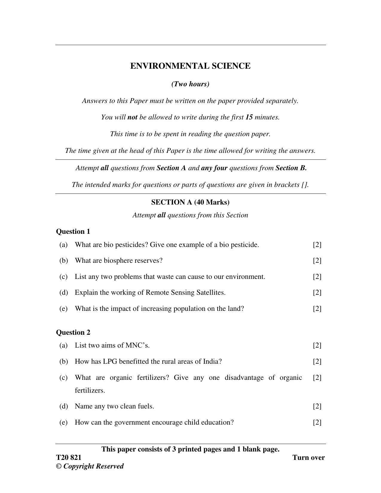 ICSE Class 10 Environmental Science 2020 Question Paper - Page 1