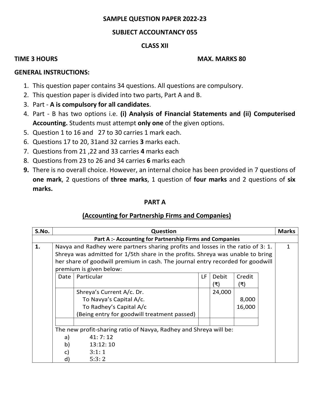 CBSE Class 12 Accountancy Sample Paper 2023 - Page 1