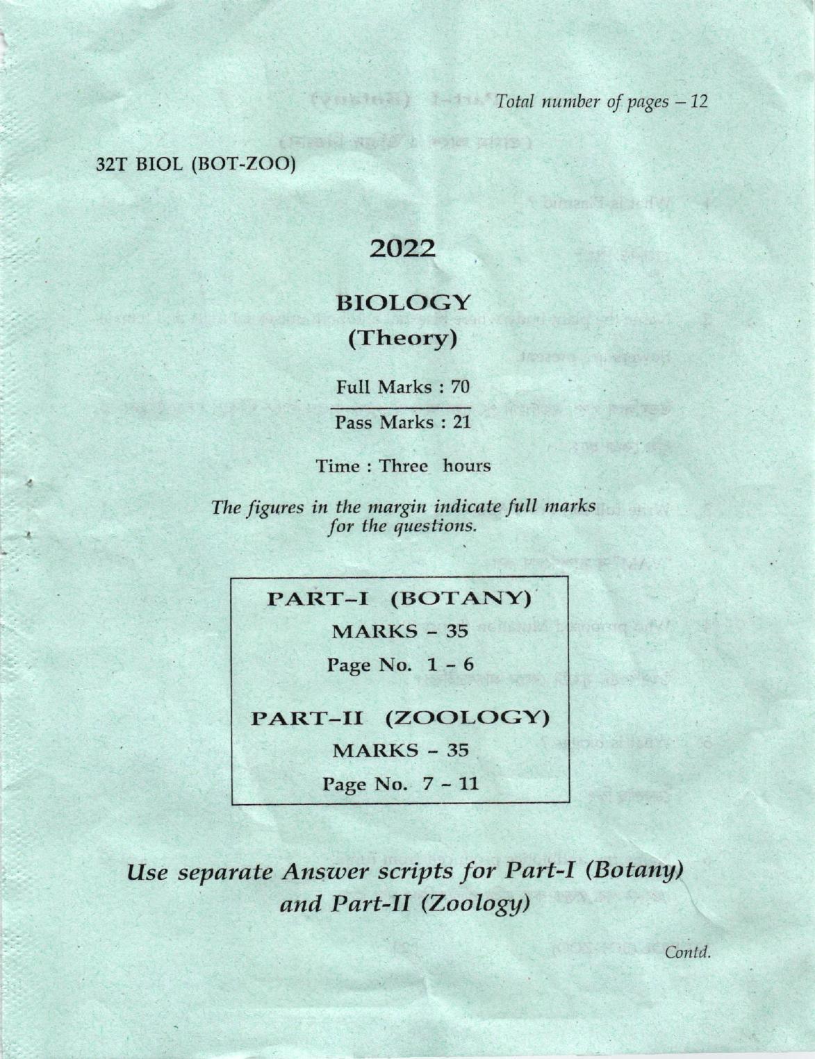 AHSEC Class 12 Biology Question Papers 2022 - Page 1