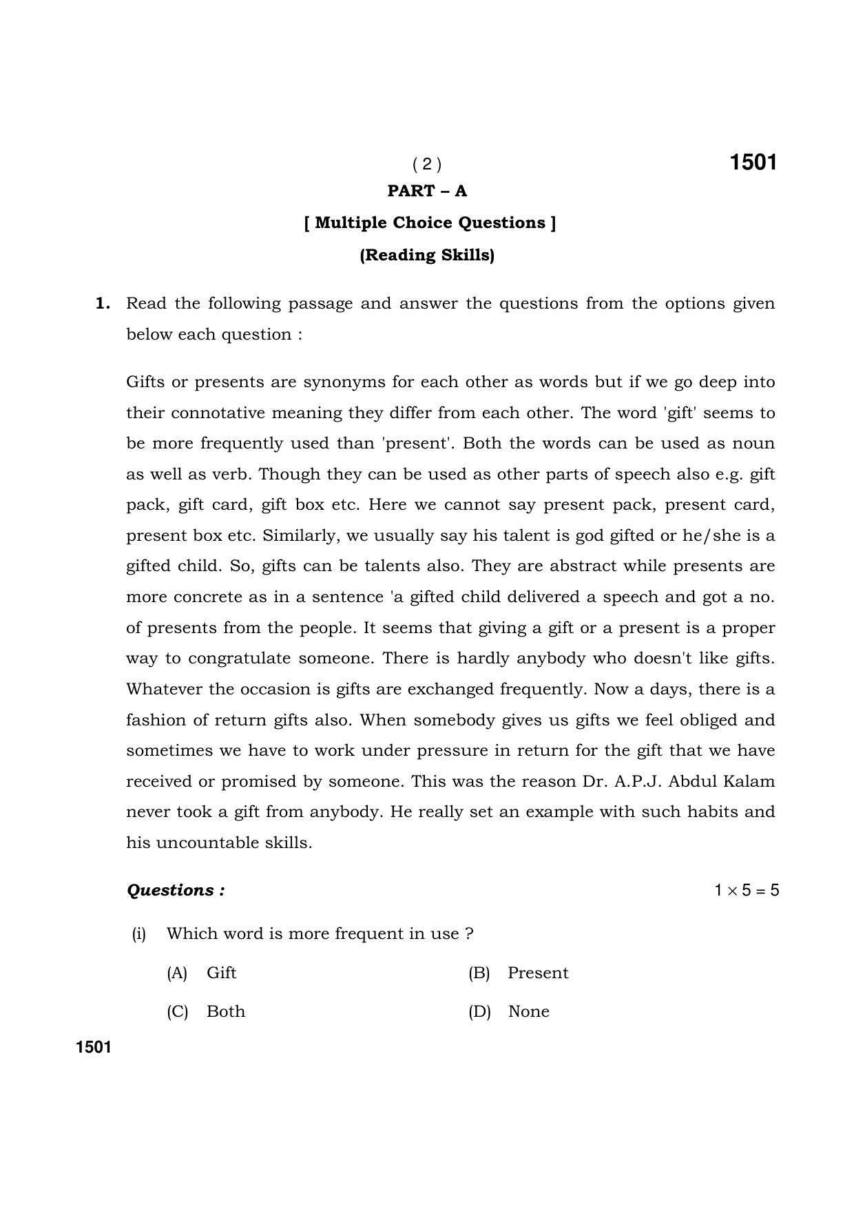 Haryana Board HBSE Class 11 English (Core) 2021 Question Paper - Page 2