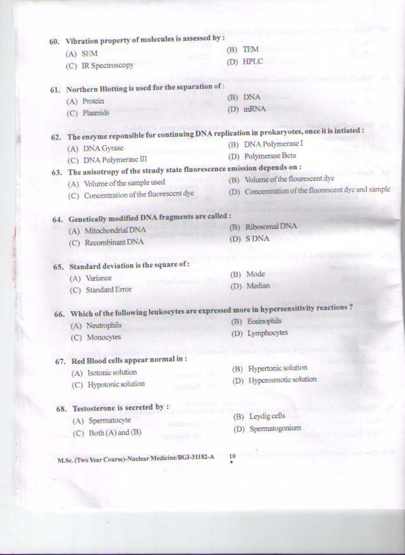 PU CET PG 2015: MSc (2yr)(Nuclear Medicine) Question Paper - Page 9