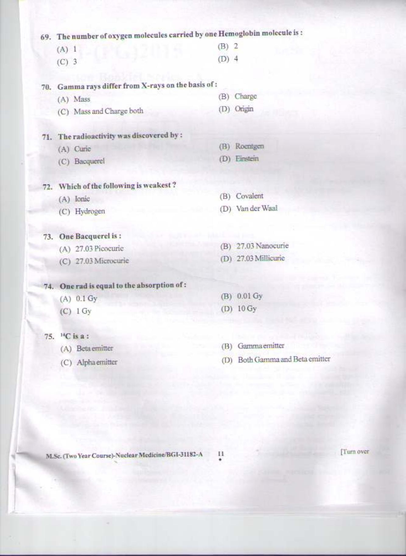 PU CET PG 2015: MSc (2yr)(Nuclear Medicine) Question Paper - Page 10