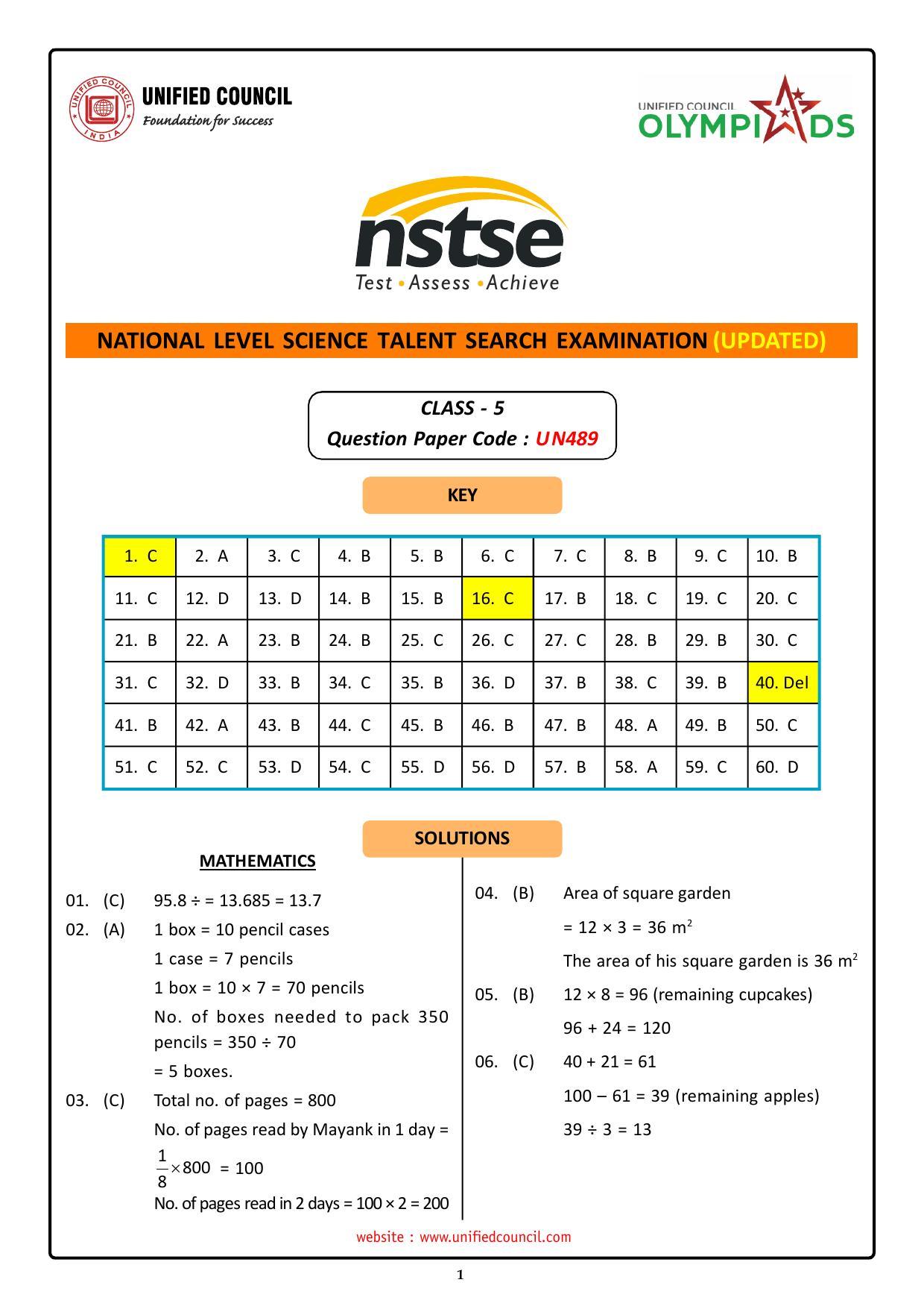 NSTSE 2023 Class 5 Answer Key (Paper Code 489) - Page 1