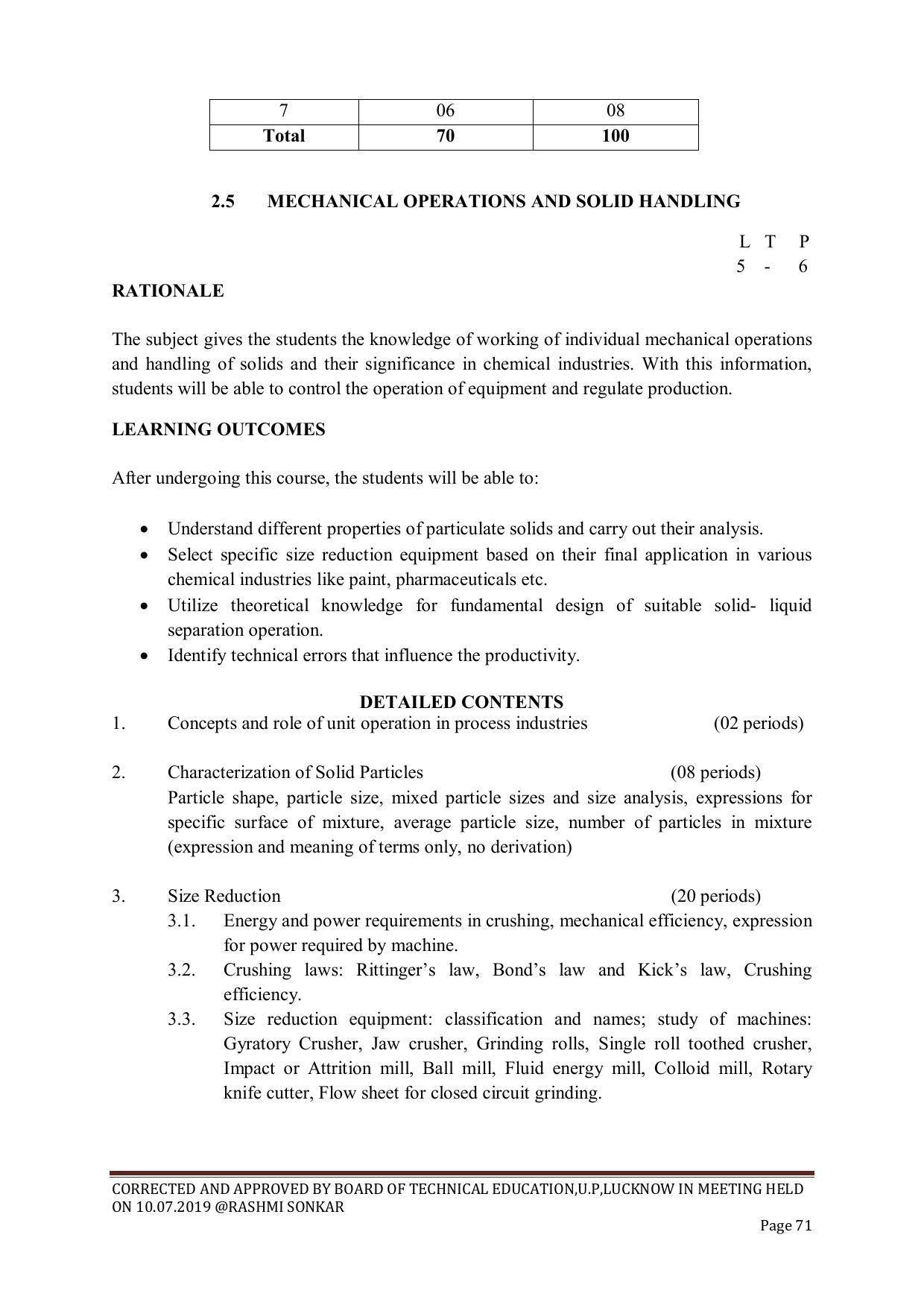 EFFECTIVE FROM JULY 2019-20 - SIX SEMESTER DIPLOMA COURSE IN CHEMICAL ENGINEERING - Page 71