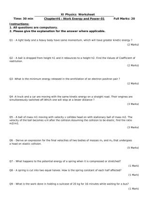 CBSE Worksheets for Class 11 Revision Physics Work Energy and Power Assignment 2