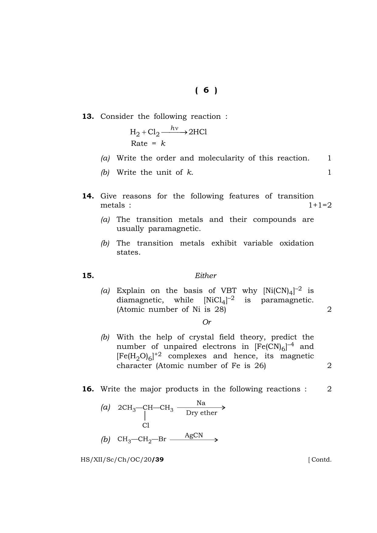 Meghalaya Board (MBOSE) Class 12 CHEMISTRY ( Theory ) ( Old Course ) 2020 Question Paper - Page 6