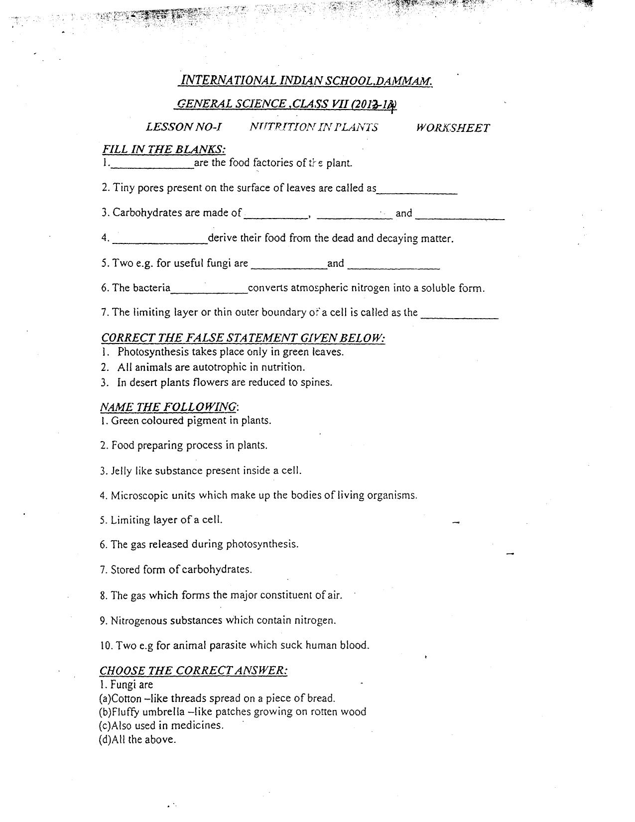 CBSE Worksheets for Class 7 Science Nutrition Assignment - Page 1