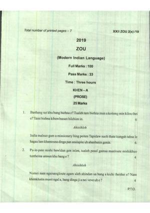 COHSEM Class 12 Zou (M.I.L.) 2019 Question Papers