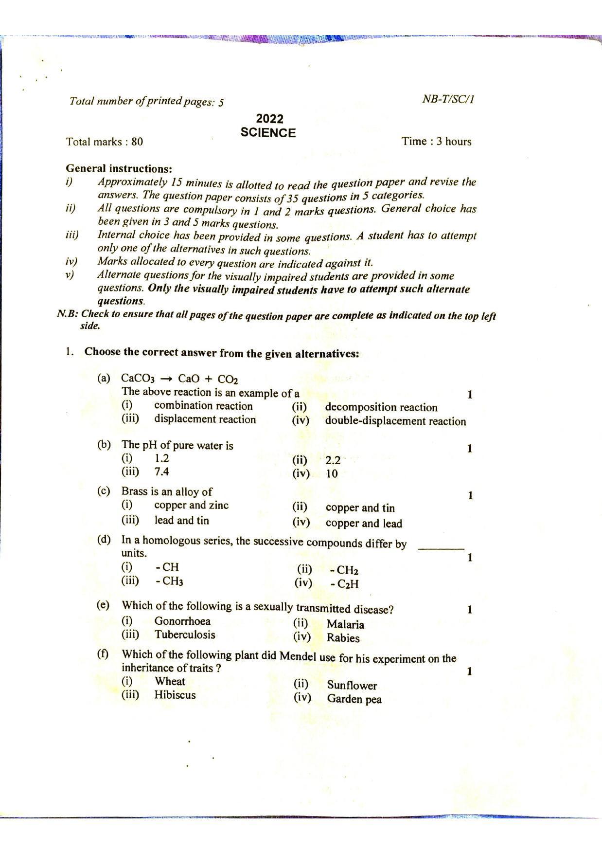 Nagaland Board Class 10 Science 2022 Question Paper - Page 1
