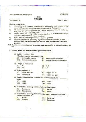Nagaland Board Class 10 Science 2022 Question Paper