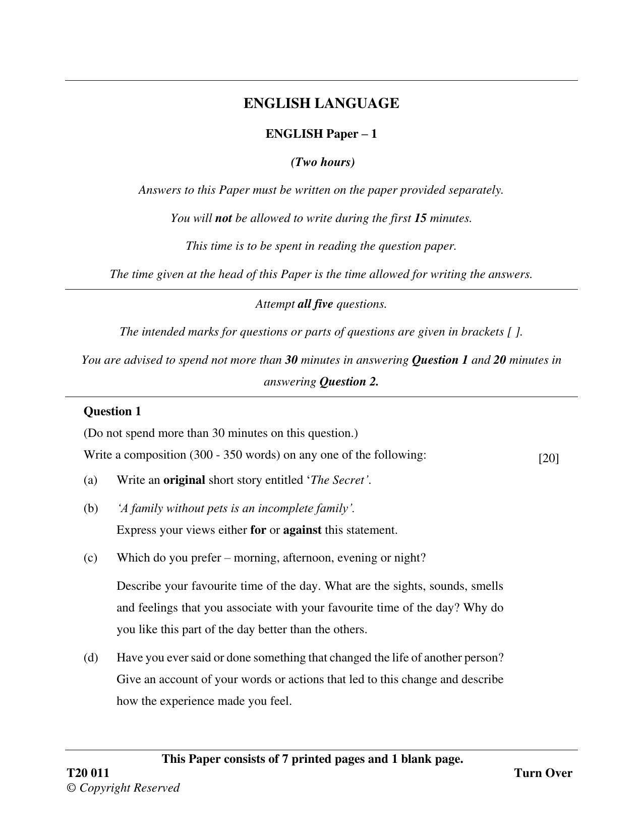 ICSE Class 10 English Paper I 2020 Question Paper - Page 1