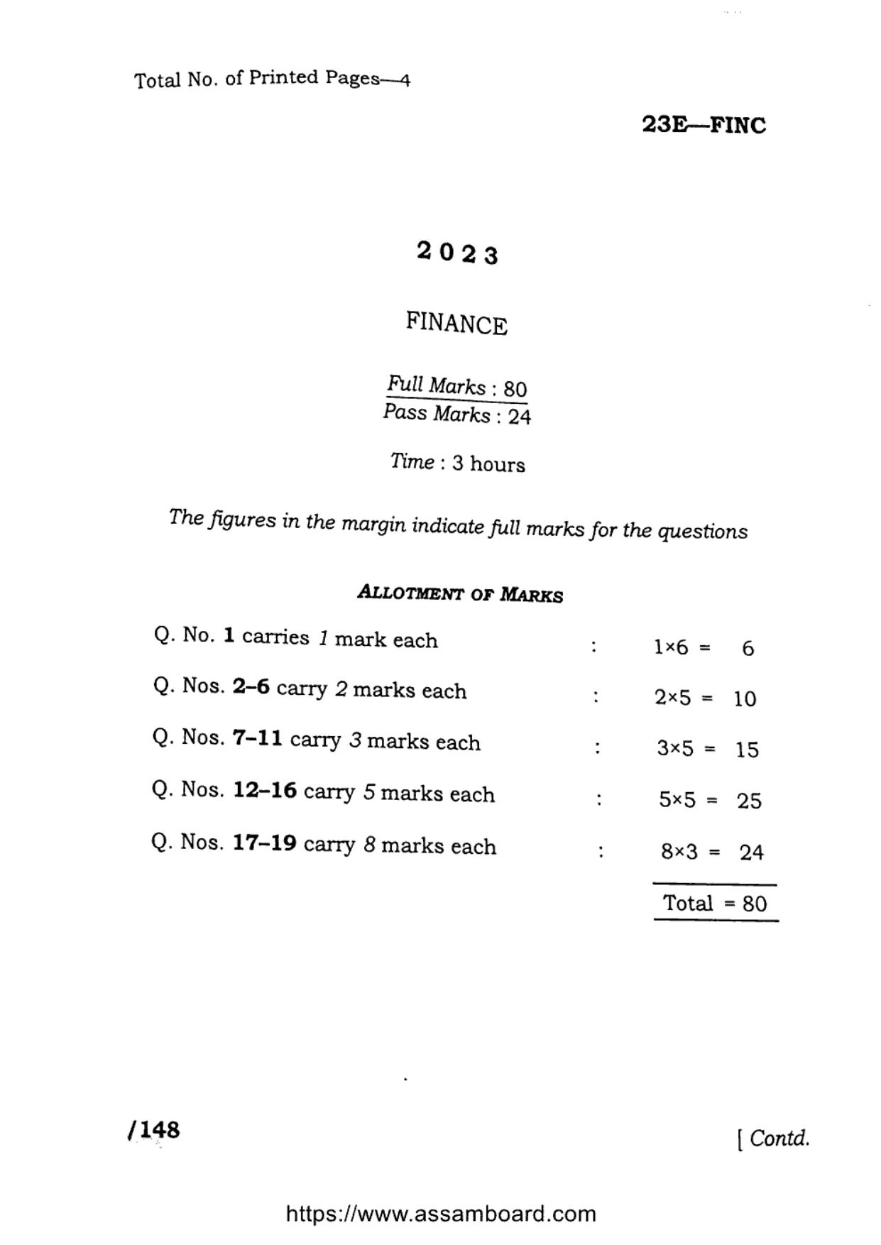 AHSEC Class 11 Finance 2023 Question Paper - Page 1
