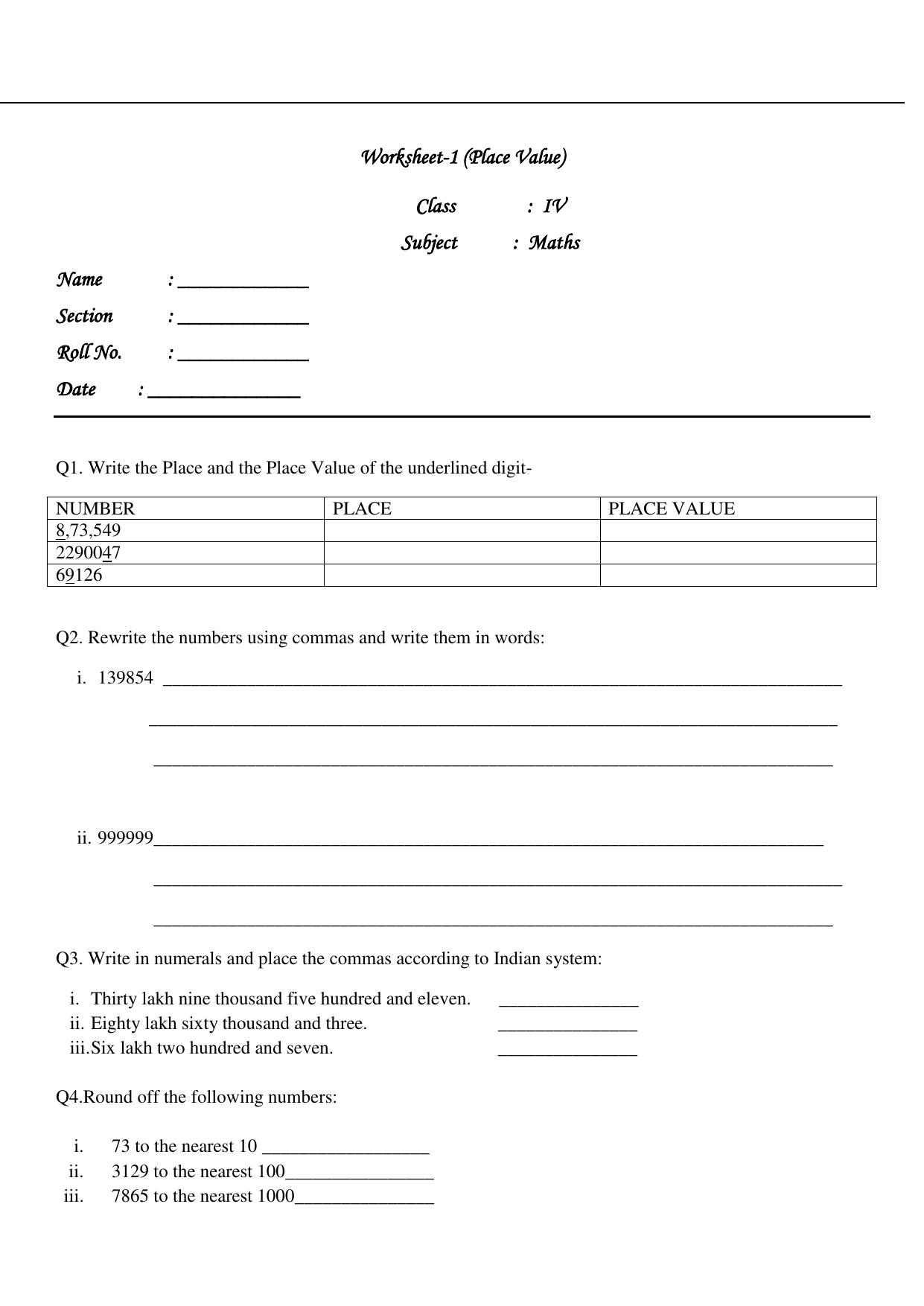 Worksheet for Class 4 Maths Assignment 72 Place Value - Page 1
