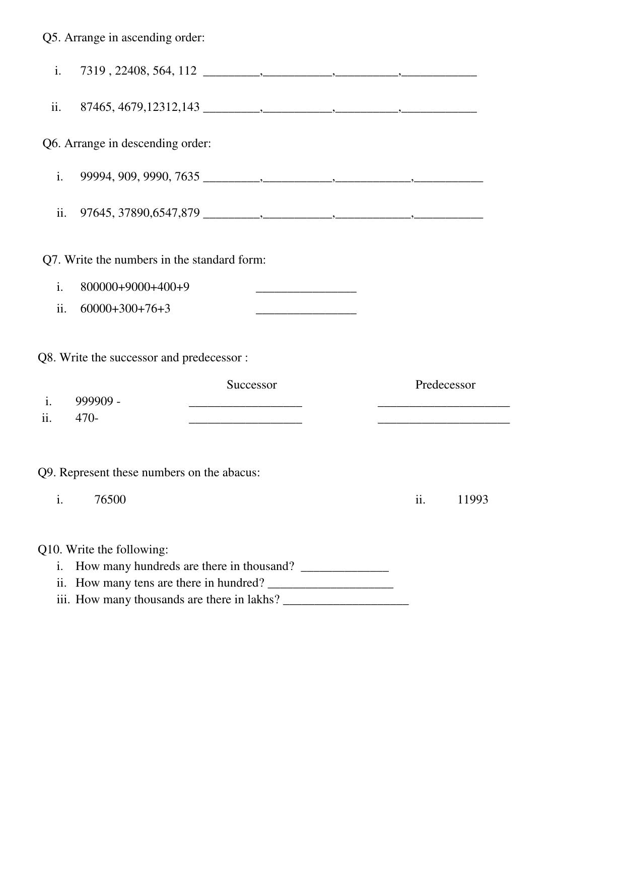Worksheet for Class 4 Maths Assignment 72 Place Value - Page 2