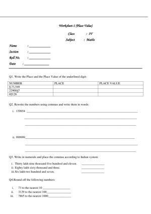Worksheet for Class 4 Maths Assignment 72 Place Value
