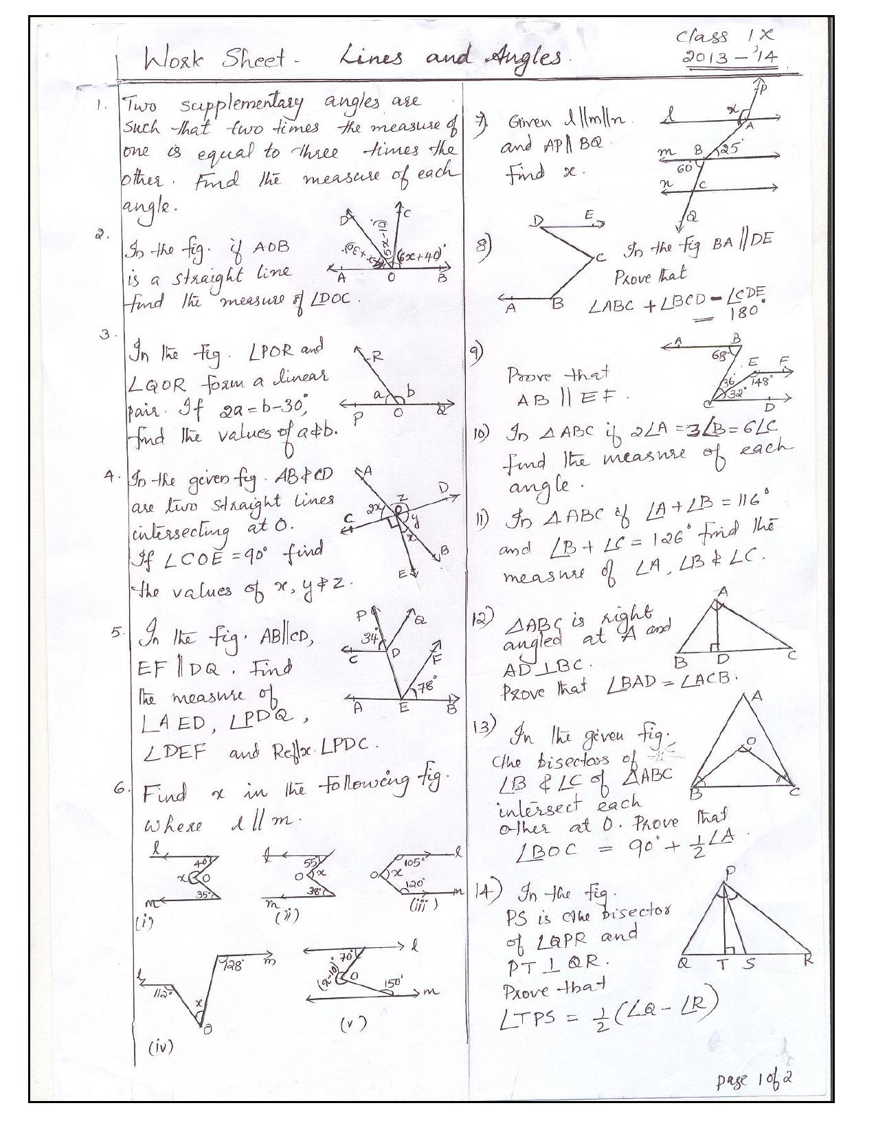 CBSE Worksheets for Class 9 Mathematics Lines and Angles Assignment 5 - Page 1