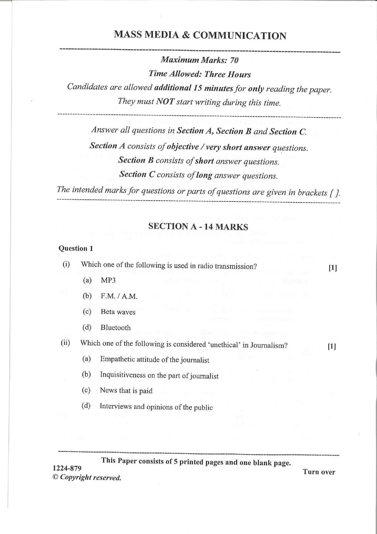 ISC Class 12 Mass Media & Communication 2024 Question Paper - Page 1