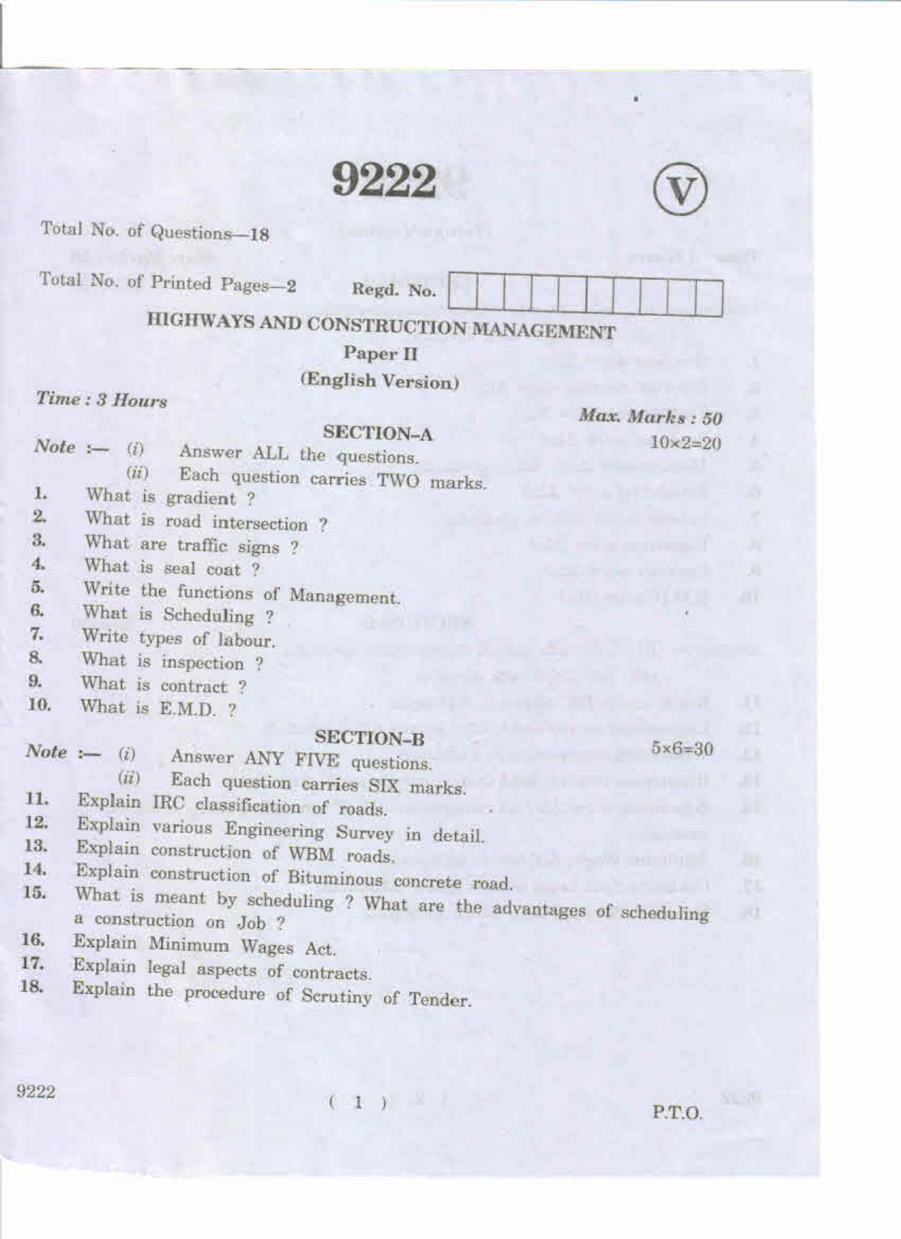 AP Inter 2nd Year Highways and Construction Management-II May-2019-Vocational Question Paper - Page 1