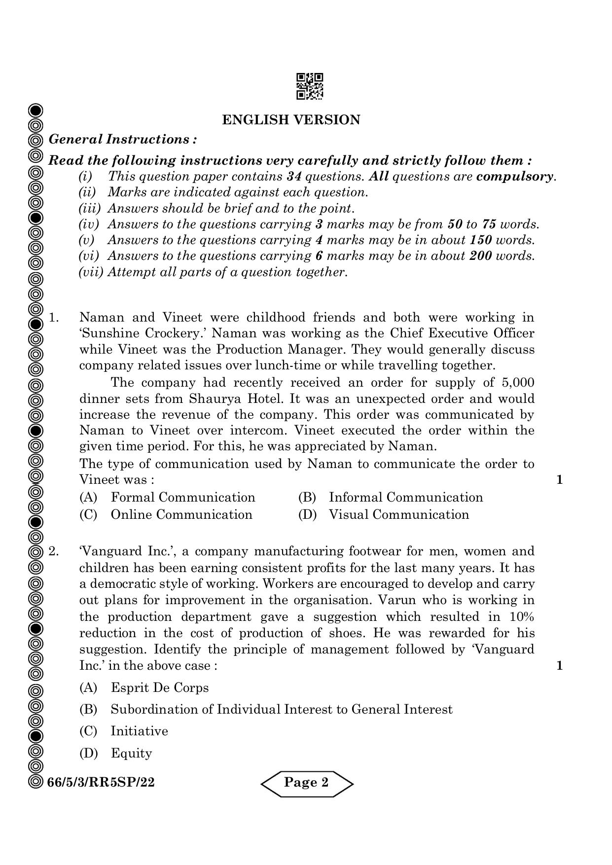 CBSE Class 12 5-3 Bussiness Studies 2024 Question Paper - Page 2