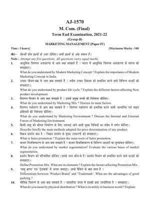 Bilaspur University Question Paper 2021-2022:M.COM (Final) Marketing Management Paper 1