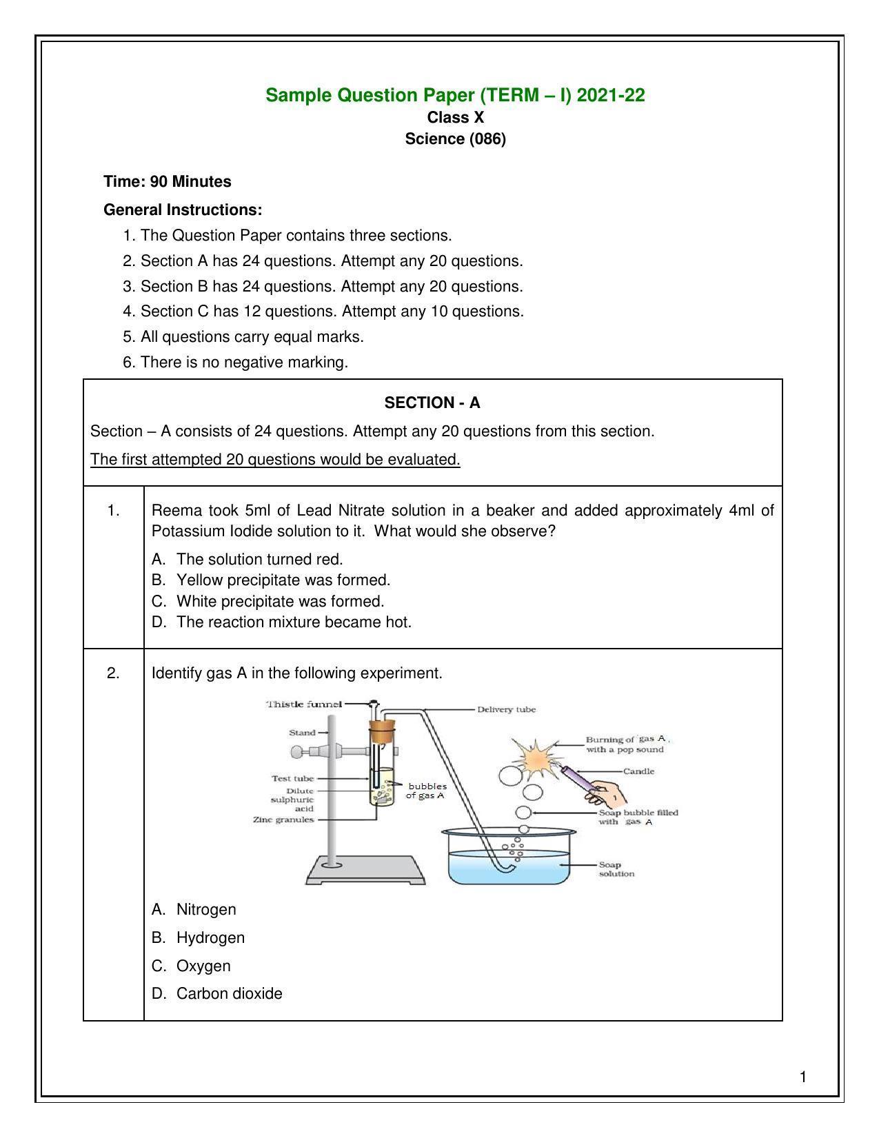 CBSE Class 10 Science Sample Paper 2021-22 - Page 1