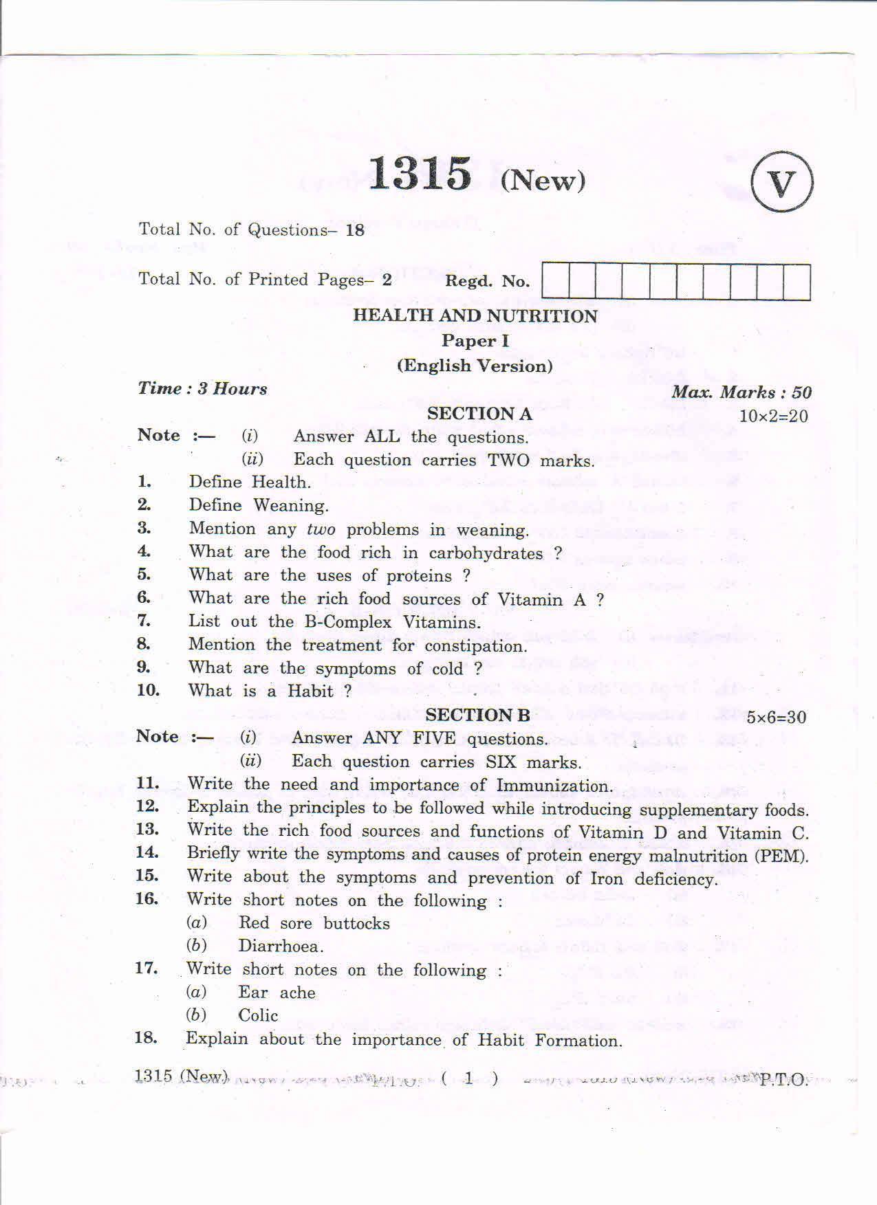 AP Inter 1st Year Health and Nutrition-I (New) March-2019-Vocational Question Paper - Page 1