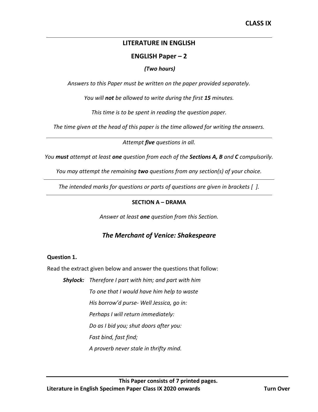  ICSE Class 9 English Paper 2 (LITERATURE IN ENGLISH) Sample Paper - Page 1