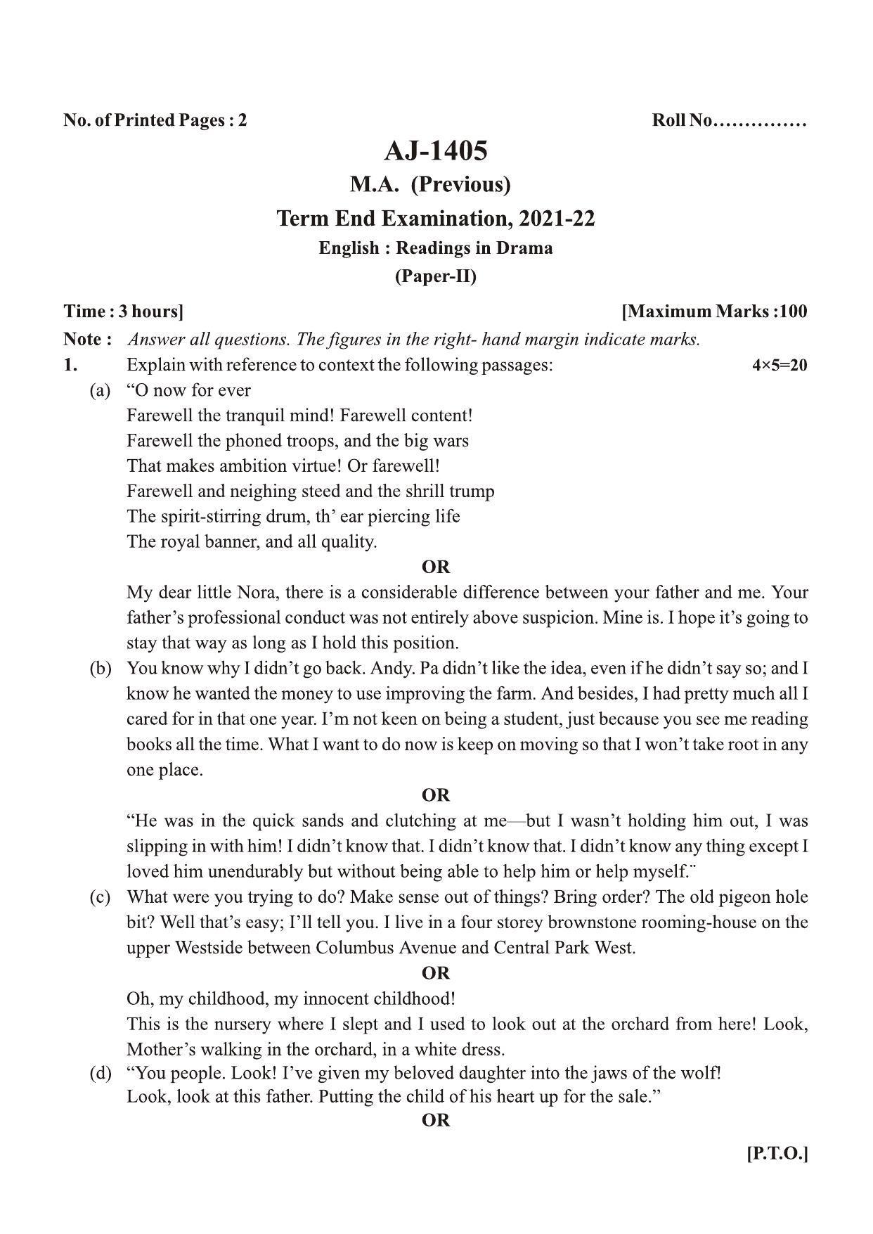 Bilaspur University Question Paper 2021-2022:M.A (Pravious) English readings In Drama Paper 1 - Page 1