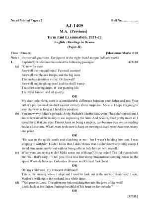 Bilaspur University Question Paper 2021-2022:M.A (Pravious) English readings In Drama Paper 1