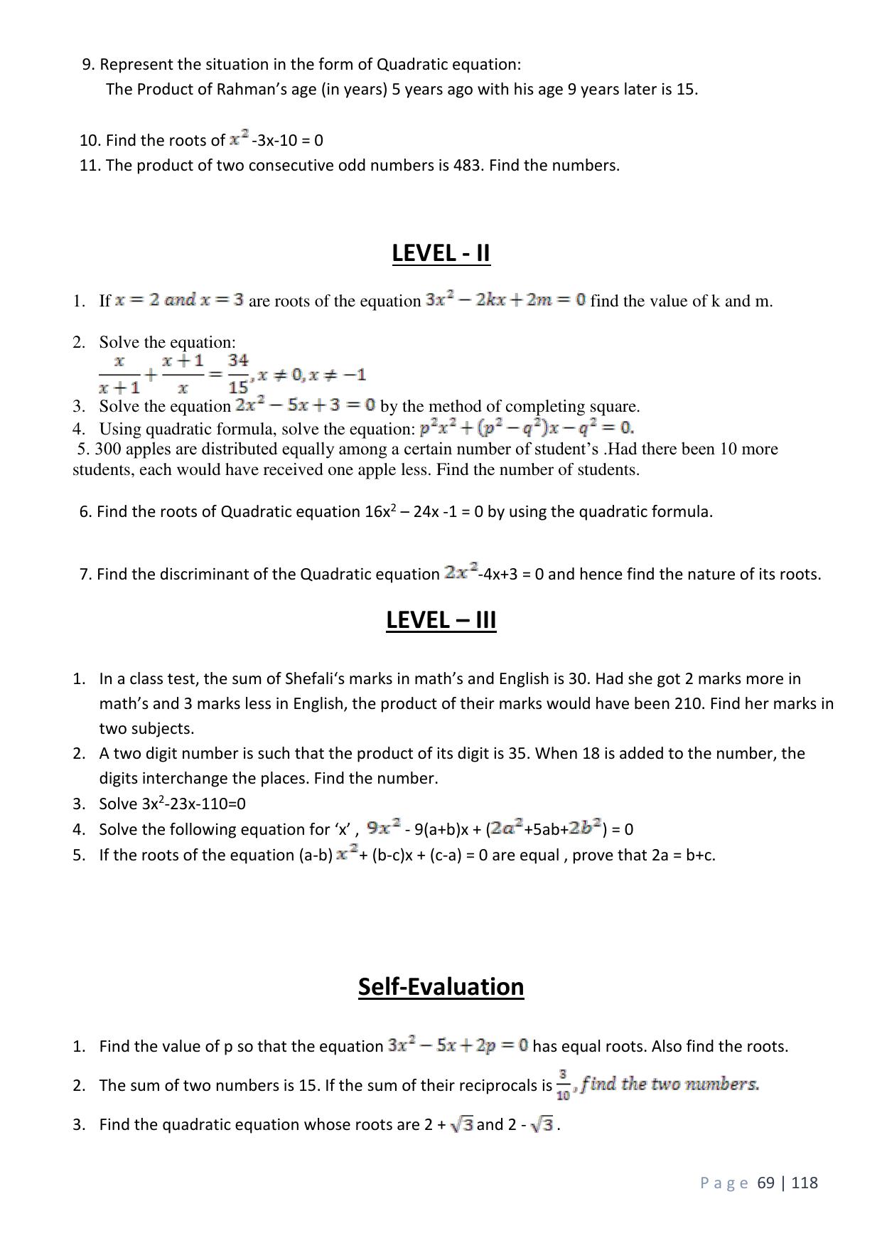 CBSE Worksheets for Class 10 Maths Quadratic Equation Assignment 12 - Page 2