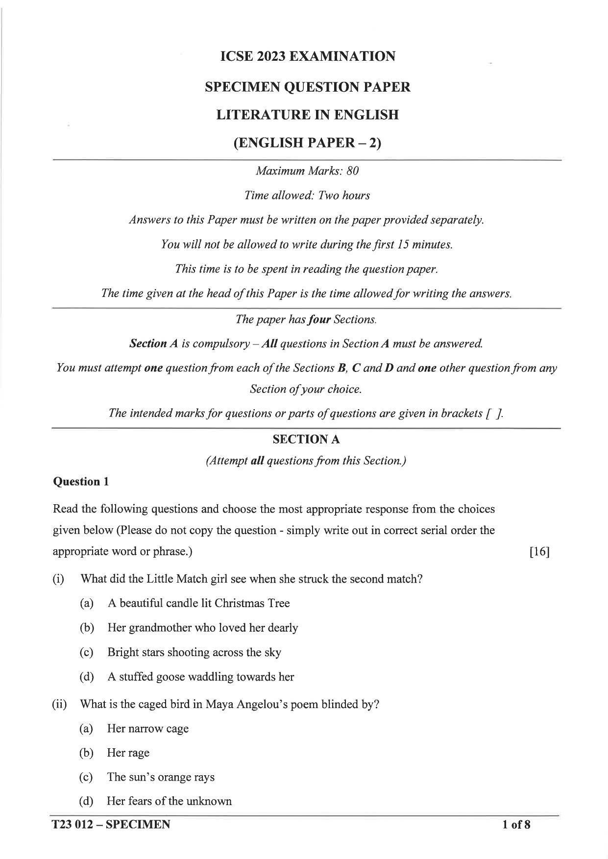 ICSE Class 10 English Paper - 2 (Literature) Sample Papers 2023 - Page 1
