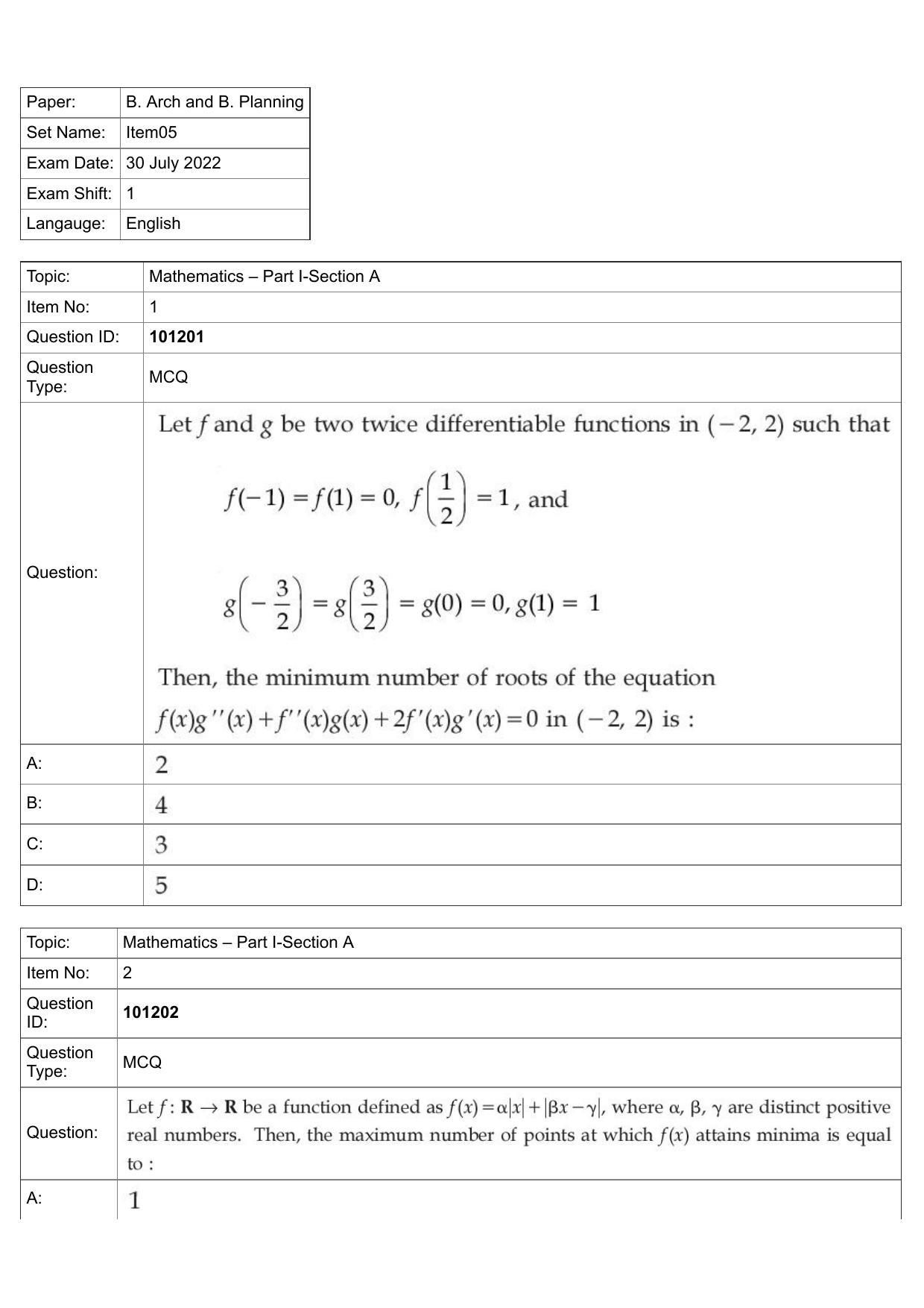 JEE Mains 2022: B Arch & B Planning English (Shift 1) 30-07-2022 Question Paper - Page 1
