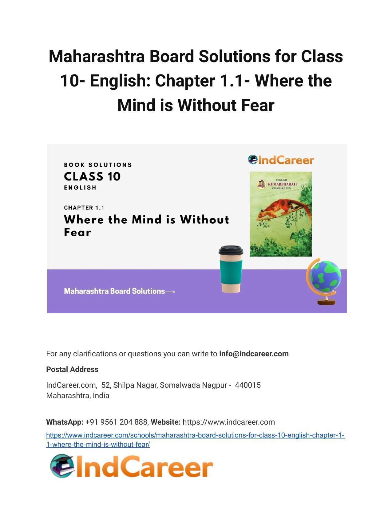 Maharashtra Board Solutions for Class 10- English: Chapter 1.1- Where the Mind is Without Fear - Page 1