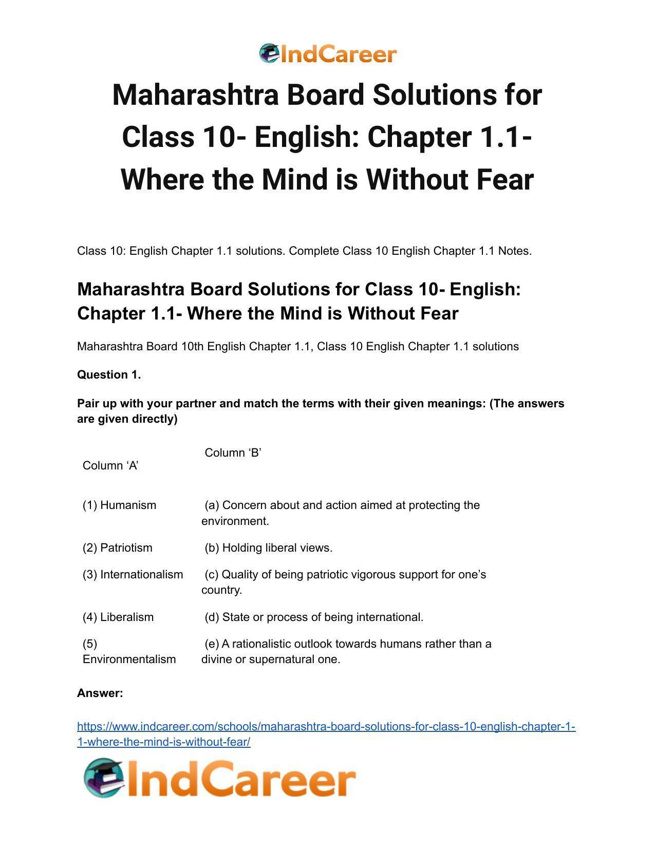 Maharashtra Board Solutions for Class 10- English: Chapter 1.1- Where the Mind is Without Fear - Page 2