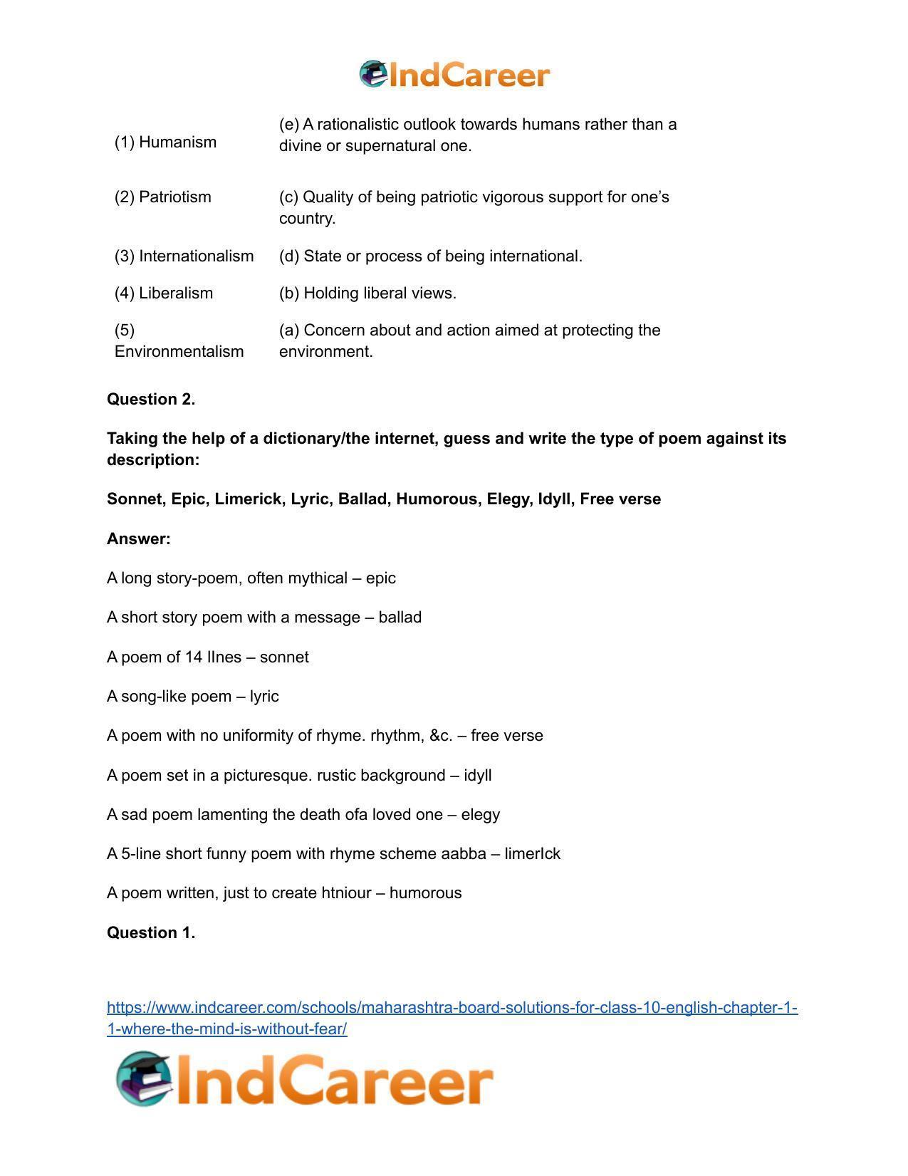 Maharashtra Board Solutions for Class 10- English: Chapter 1.1- Where the Mind is Without Fear - Page 3