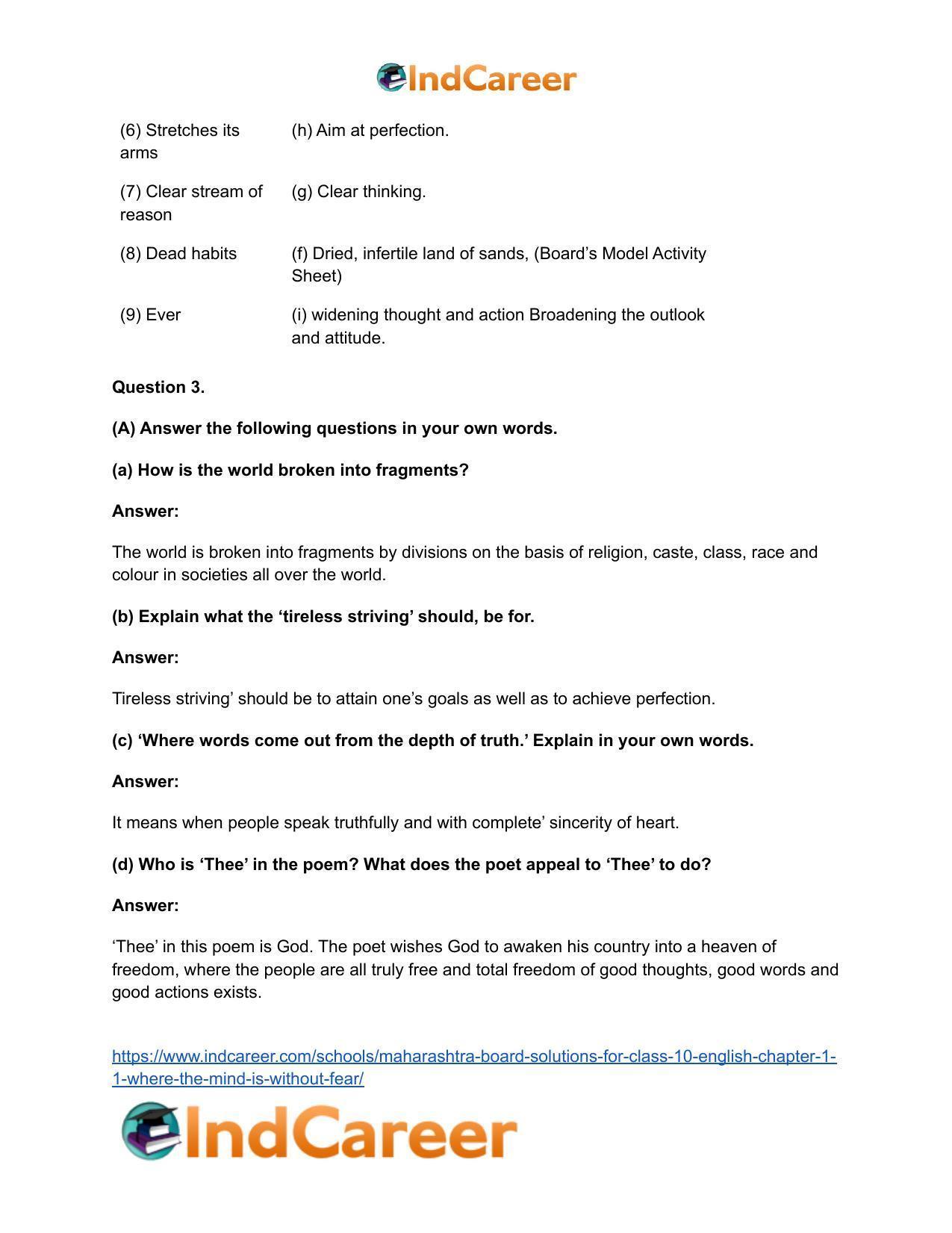 Maharashtra Board Solutions for Class 10- English: Chapter 1.1- Where the Mind is Without Fear - Page 6