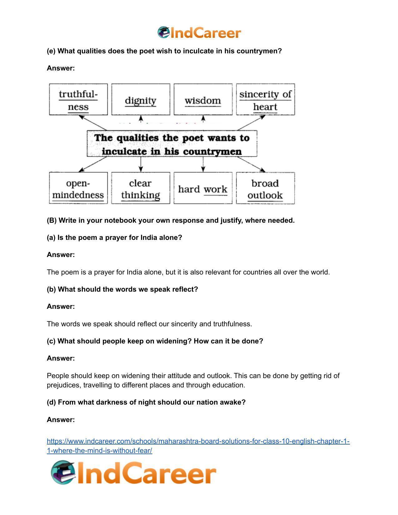 Maharashtra Board Solutions for Class 10- English: Chapter 1.1- Where the Mind is Without Fear - Page 7