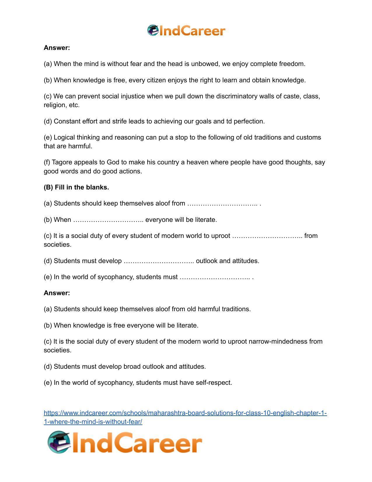 Maharashtra Board Solutions for Class 10- English: Chapter 1.1- Where the Mind is Without Fear - Page 10