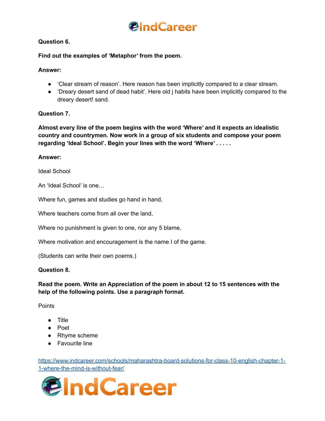 Maharashtra Board Solutions for Class 10- English: Chapter 1.1- Where the Mind is Without Fear - Page 11