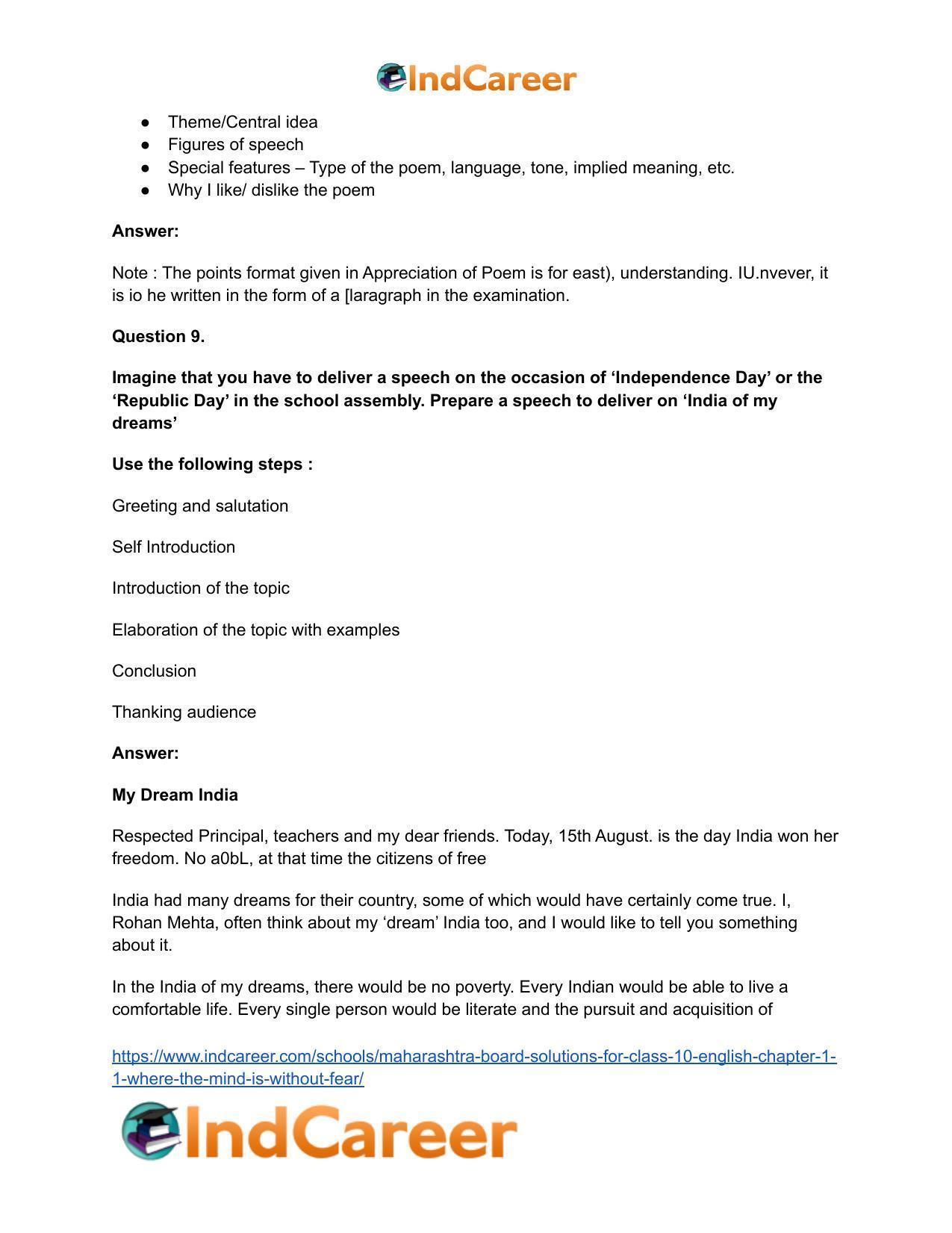 Maharashtra Board Solutions for Class 10- English: Chapter 1.1- Where the Mind is Without Fear - Page 12