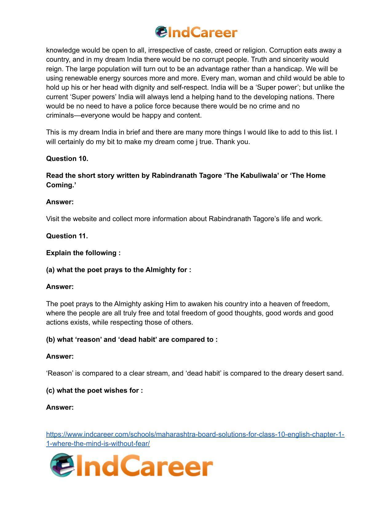 Maharashtra Board Solutions for Class 10- English: Chapter 1.1- Where the Mind is Without Fear - Page 13