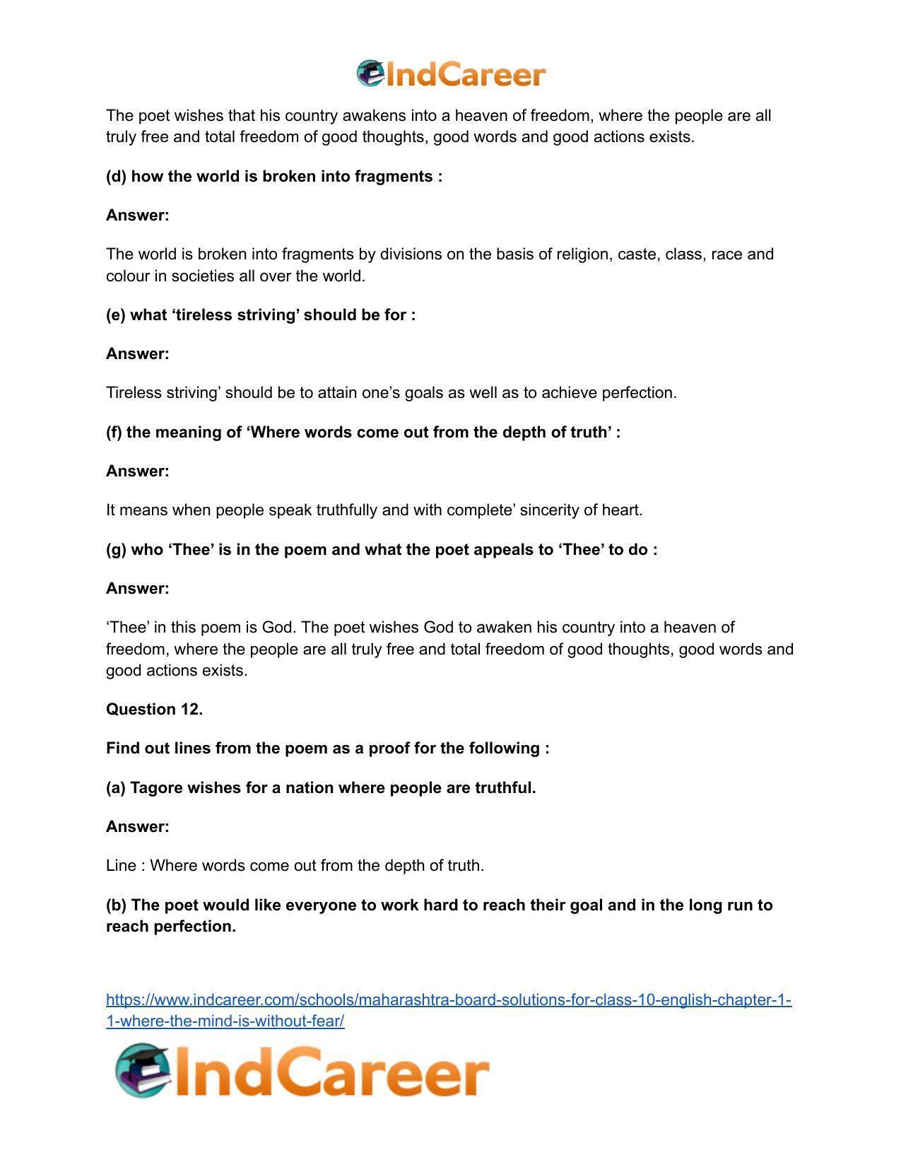 Maharashtra Board Solutions for Class 10- English: Chapter 1.1- Where the Mind is Without Fear - Page 14