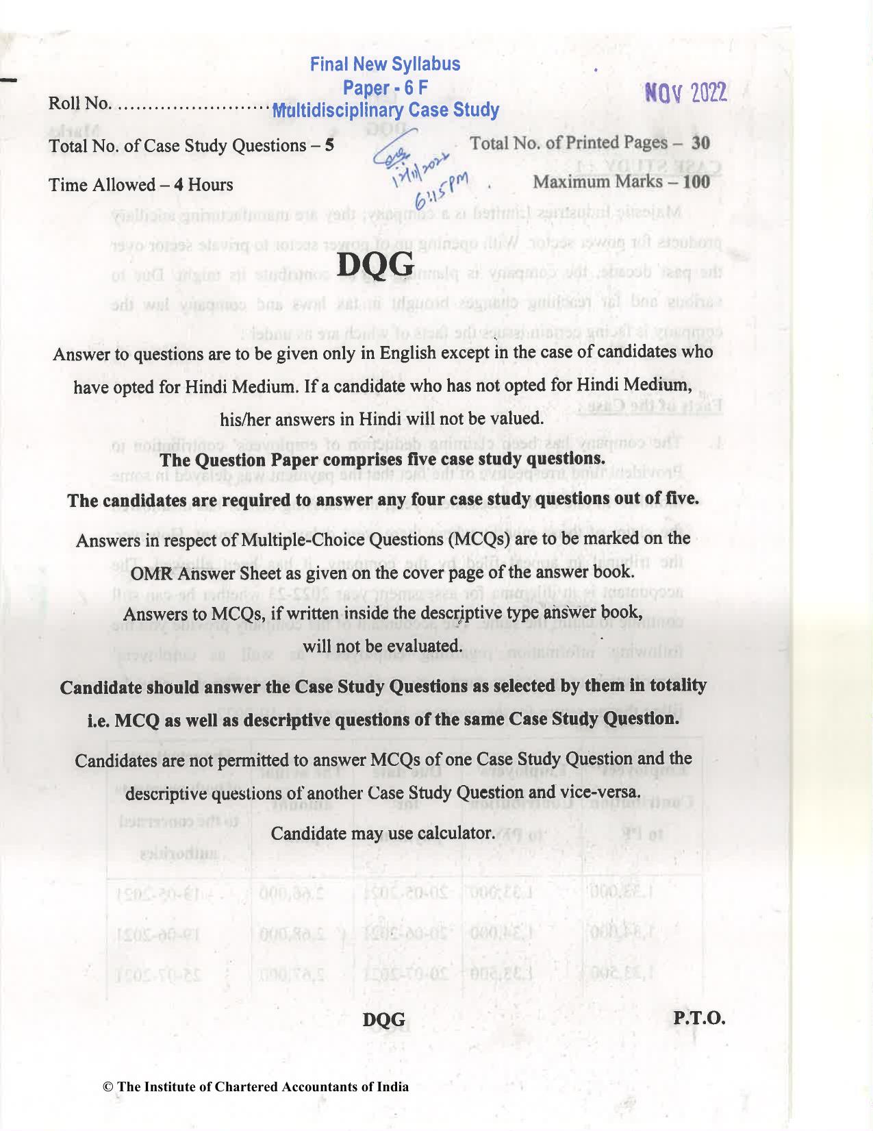 CA Final Nov 2022 Question Paper - Paper 6F – Multidisciplinary Case Study - Page 1