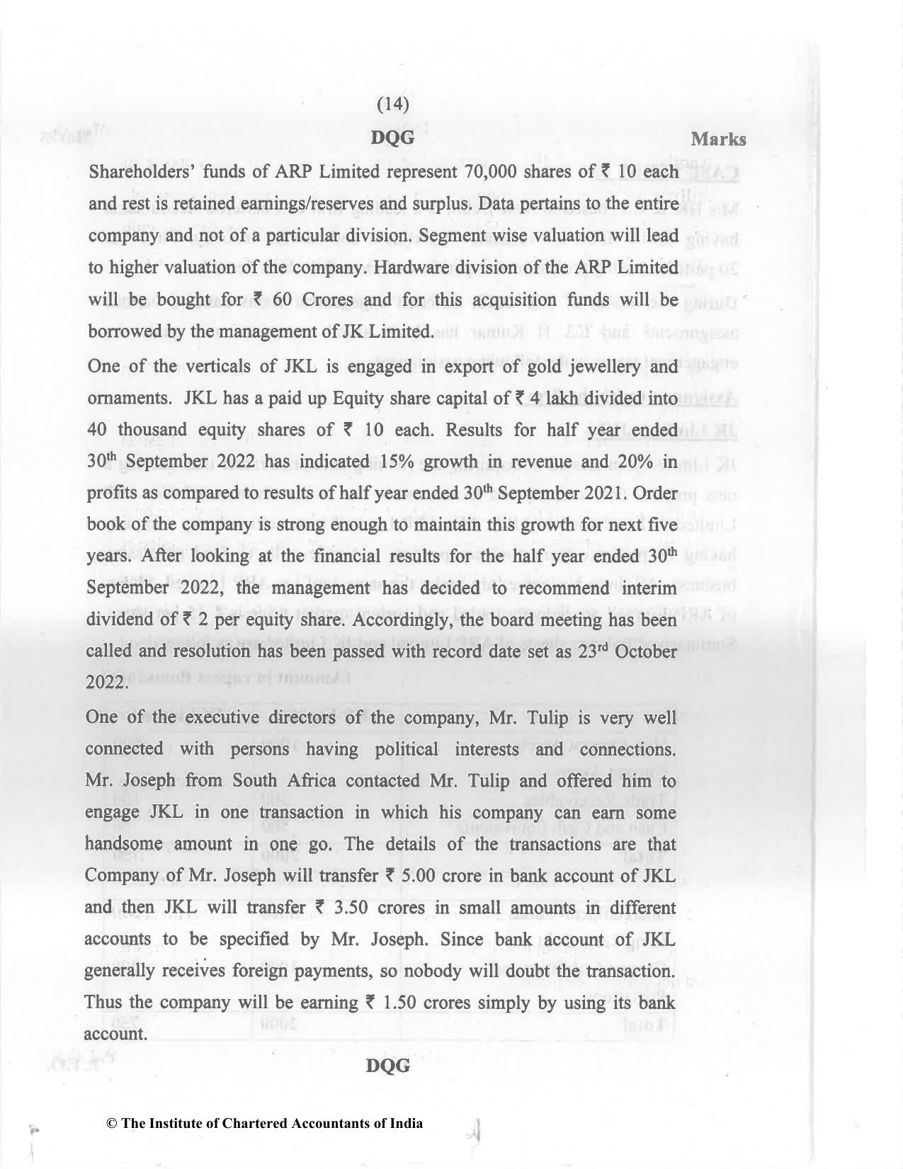 CA Final Nov 2022 Question Paper - Paper 6F – Multidisciplinary Case Study - Page 14