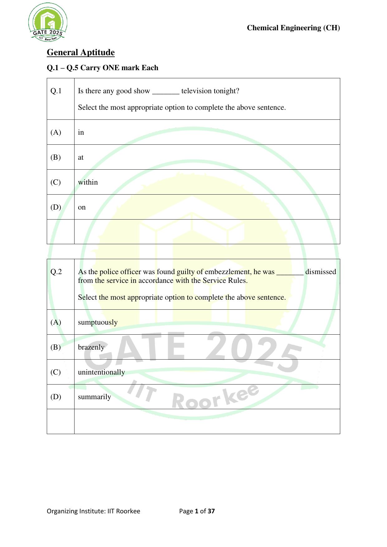GATE 2025 Chemical Engineering (CH) Question Paper - Page 1