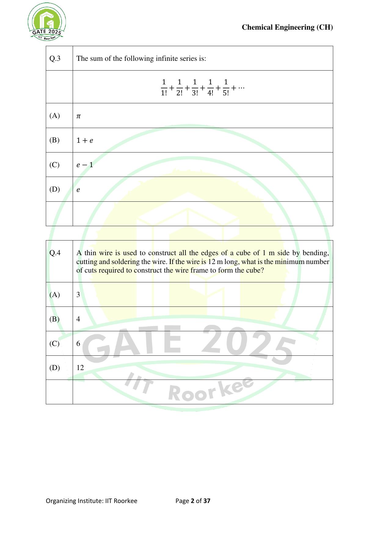 GATE 2025 Chemical Engineering (CH) Question Paper - Page 2