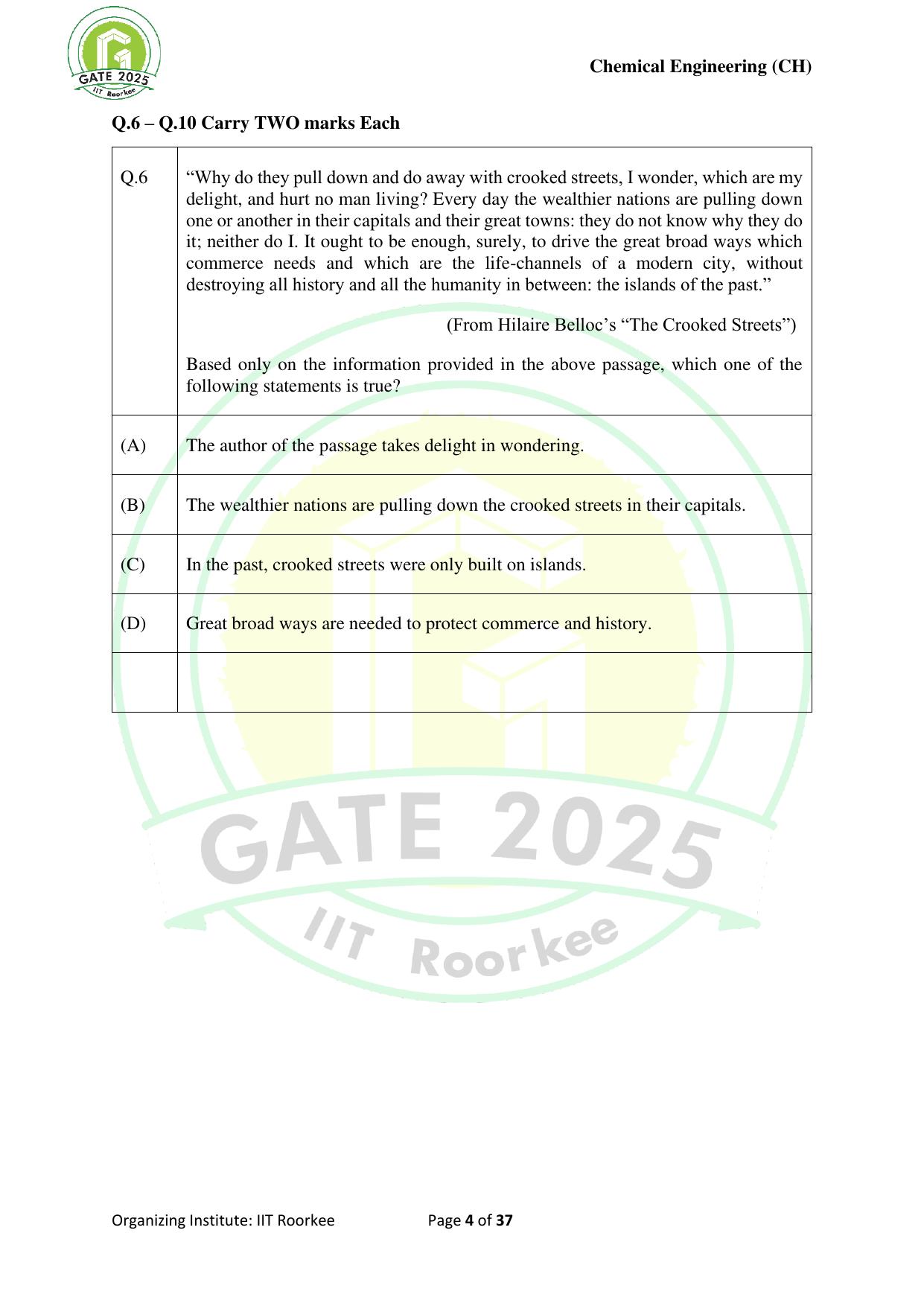 GATE 2025 Chemical Engineering (CH) Question Paper - Page 4