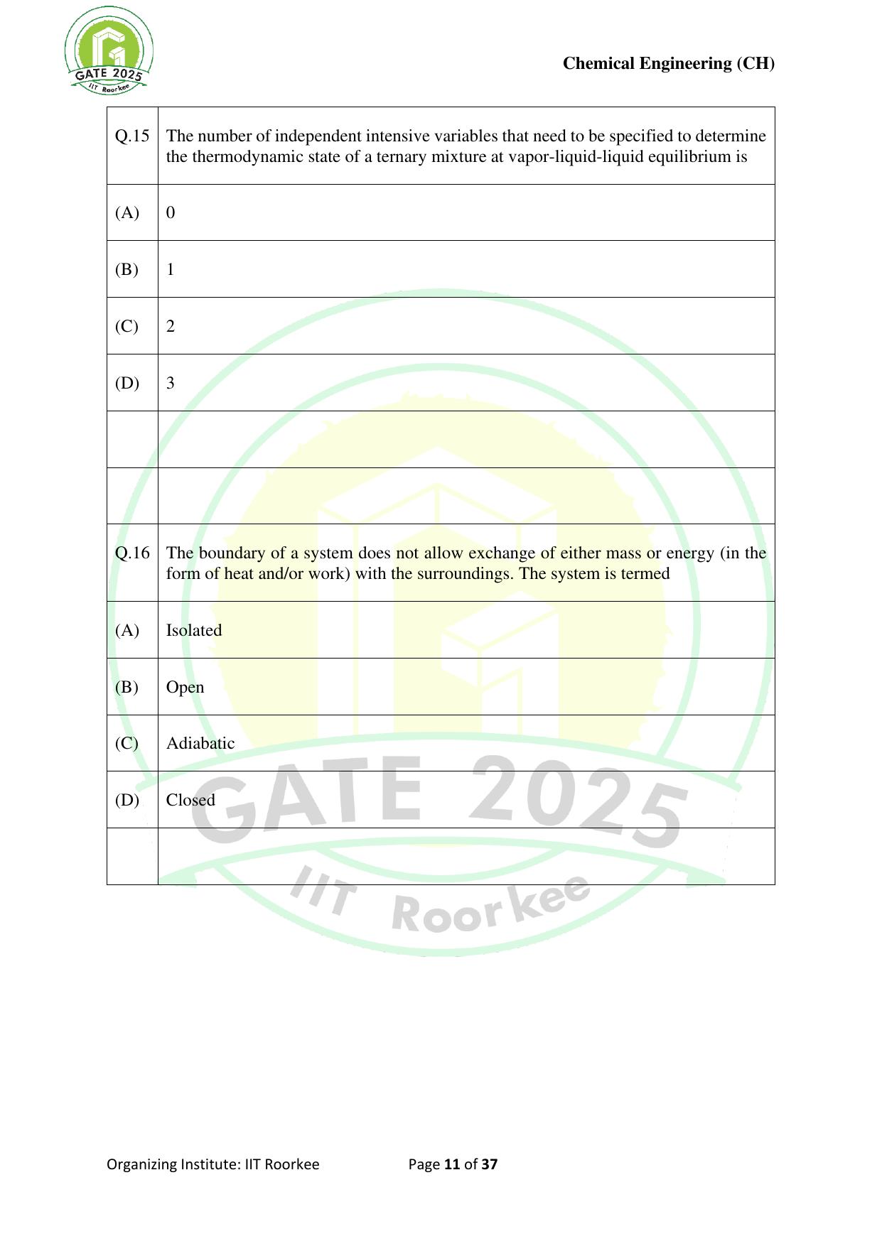 GATE 2025 Chemical Engineering (CH) Question Paper - Page 11