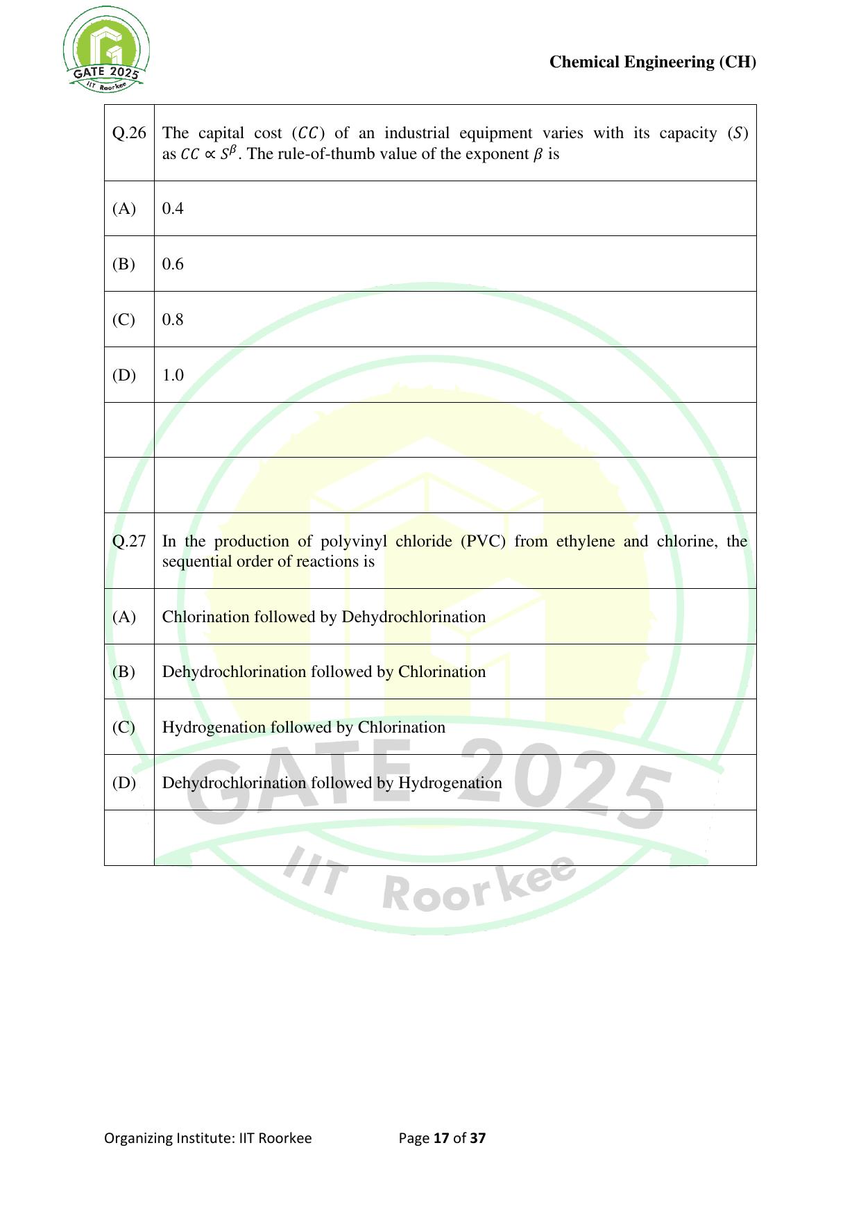 GATE 2025 Chemical Engineering (CH) Question Paper - Page 17