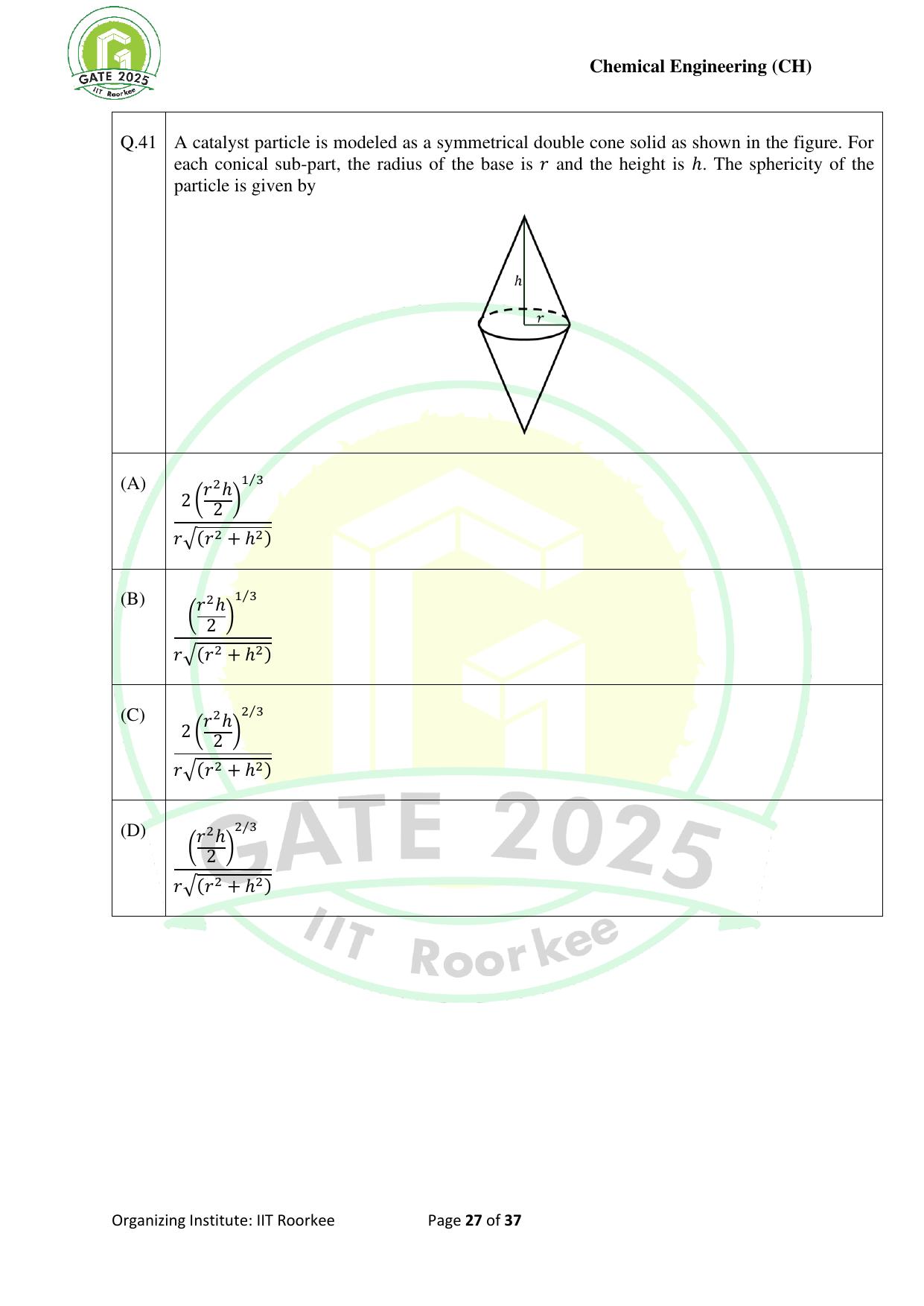 GATE 2025 Chemical Engineering (CH) Question Paper - Page 27